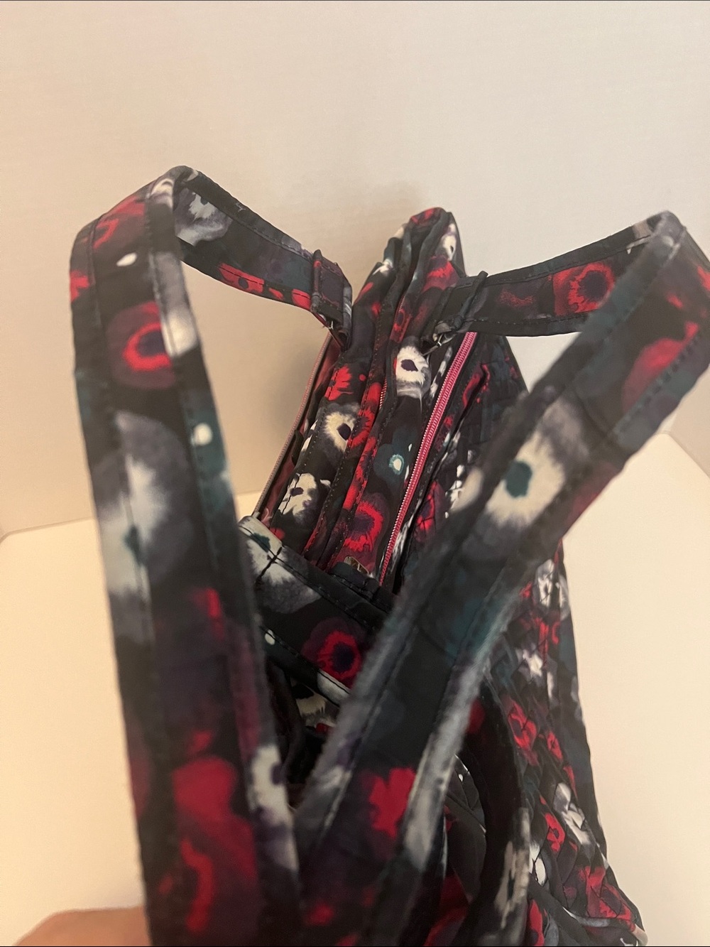Lug Quilted Watercolor Floral Pattern Tote in Black, Pink, white and some blue - Picture 8 of 8